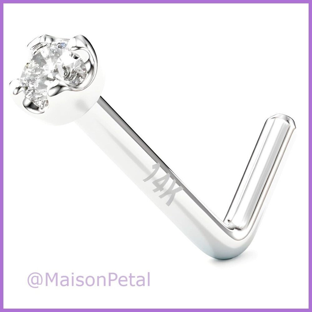 14K Solid Gold Nose Ring Stud with Genuine Diamond L Shaped 20 Gauge